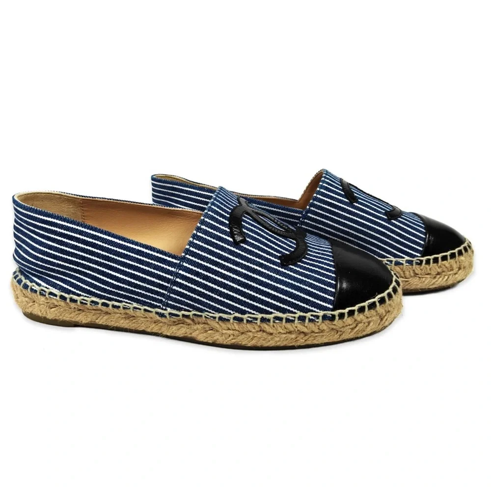 CHANEL Navy Blue Striped Espadrilles with Black Cap Toe - Picture 2 of 6